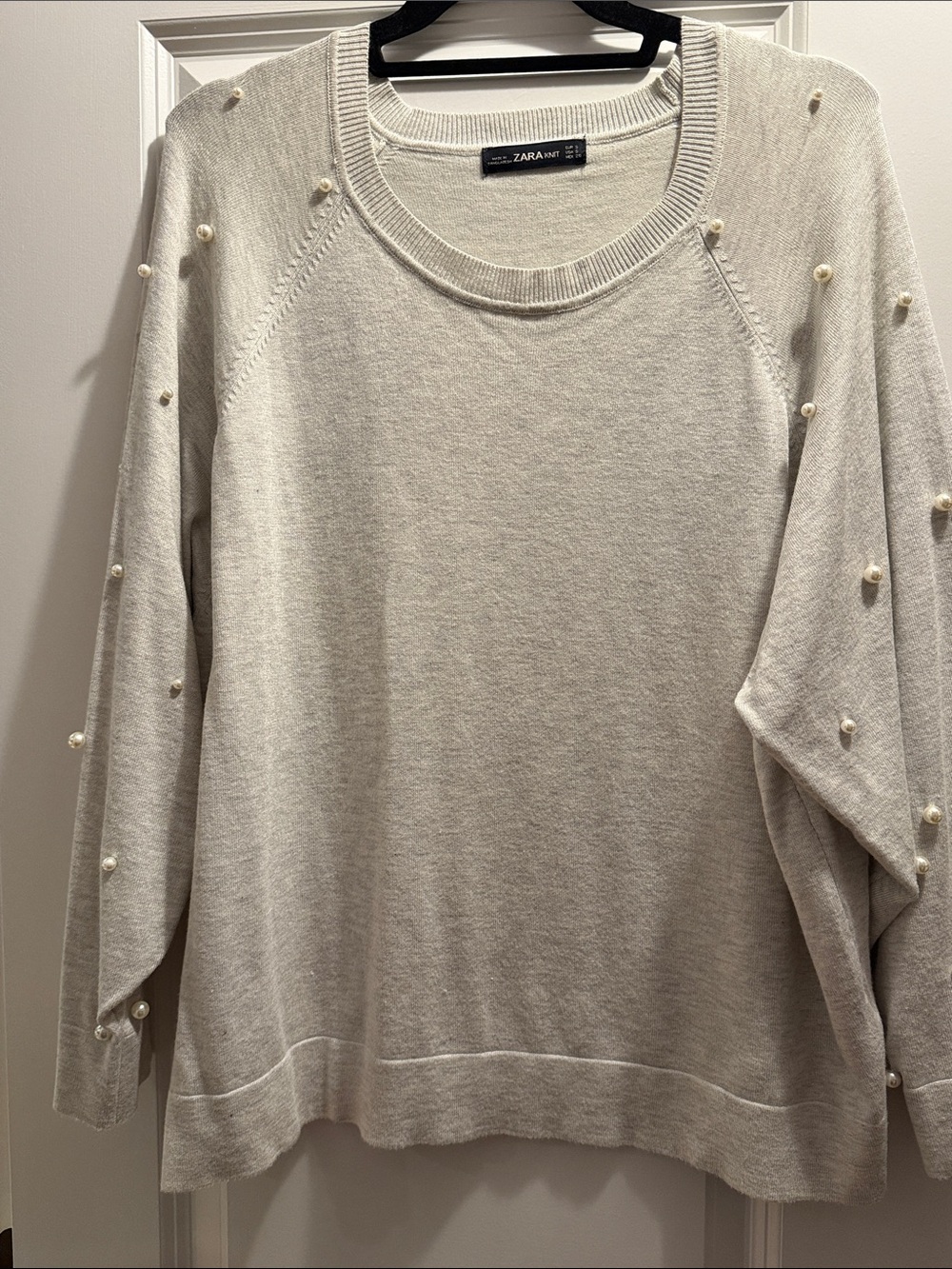Zara Light Gray Crewneck Sweater with Pearl Accents